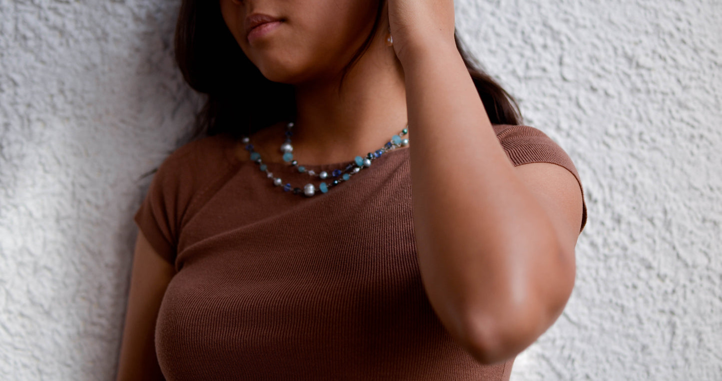 Long Necklace with Turquoise Beads and Silver Pearls - Pearls4Girls