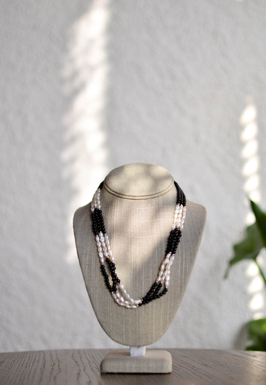 Triple Strand Pearl Necklace with Onyx - Pearls4Girls