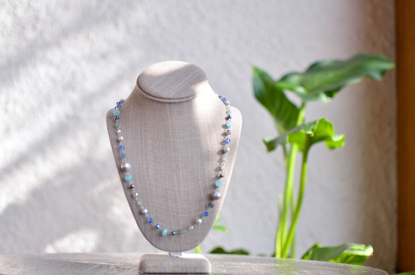 Long Necklace with Turquoise Beads and Silver Pearls - Pearls4Girls