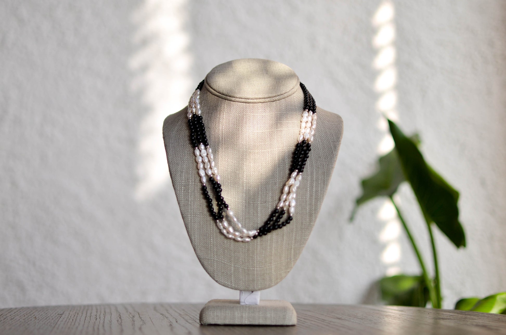 Triple Strand Pearl Necklace with Onyx - Pearls4Girls