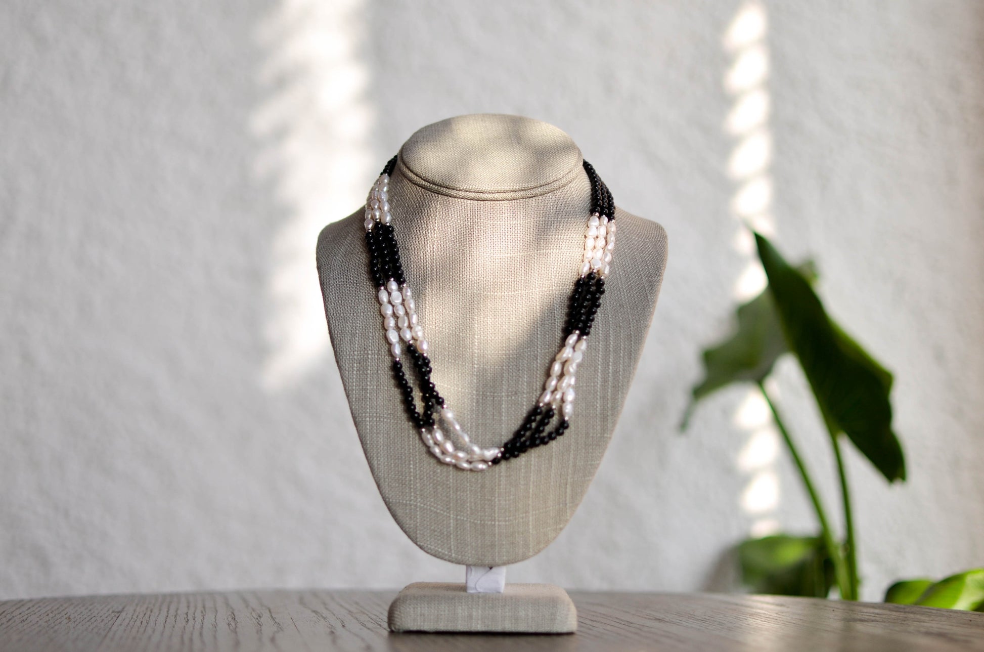Triple Strand Pearl Necklace with Onyx