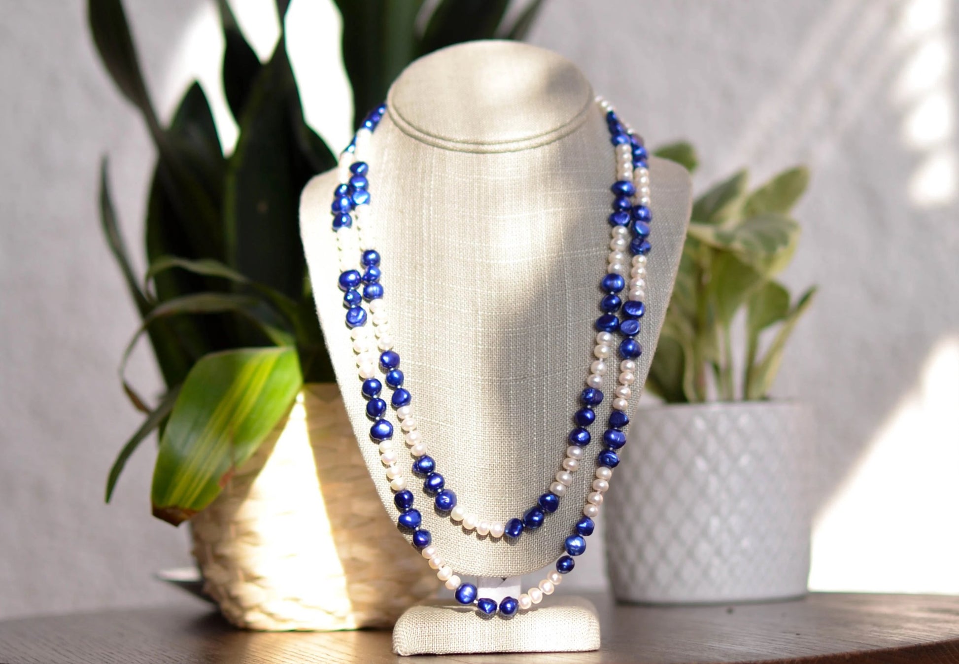 Double Strand White Potato Pearl and Blue Baroque Pearl Necklace - Pearls4Girls