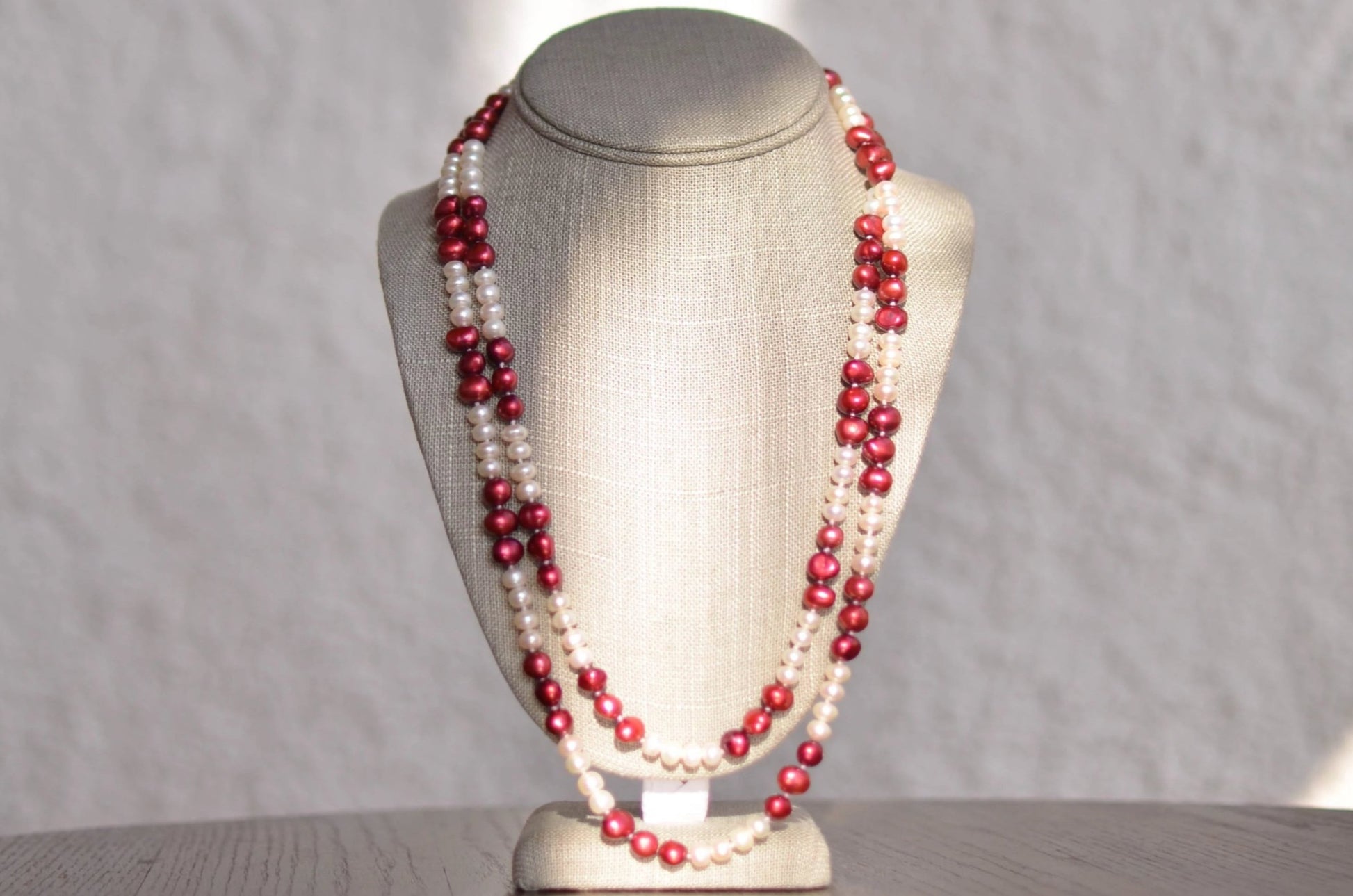 Double Strand White Potato Pearl and Red Baroque Pearl Necklace - Pearls4Girls