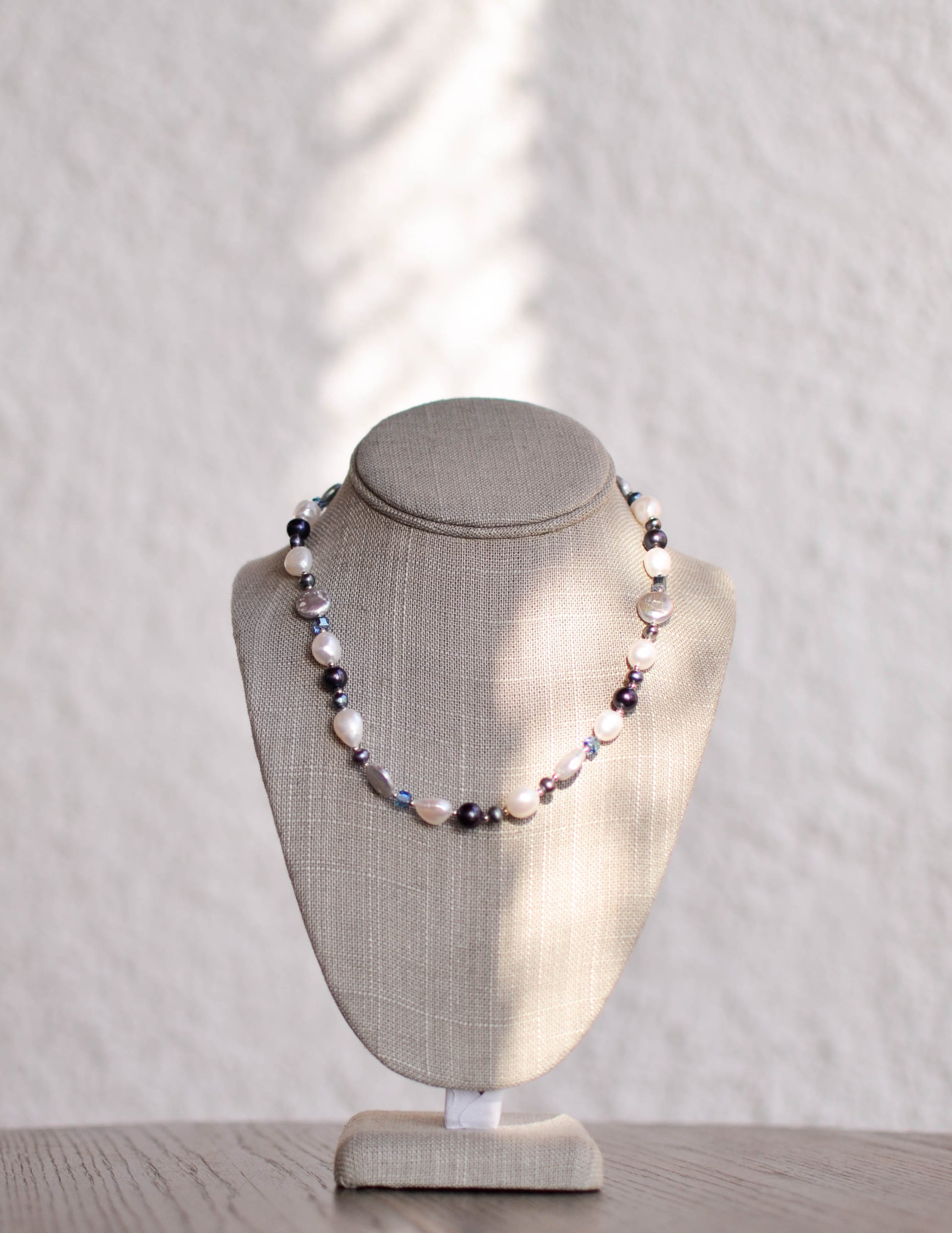 Single Strand White Baroque Pearl Necklace with Grey Coin Pearls And Stones - Pearls4Girls