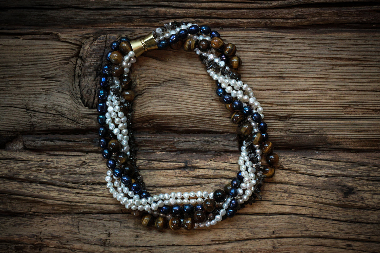 Chunky Necklace with White and Navy Pearls and Tiger's Eye Stones - Pearls4Girls